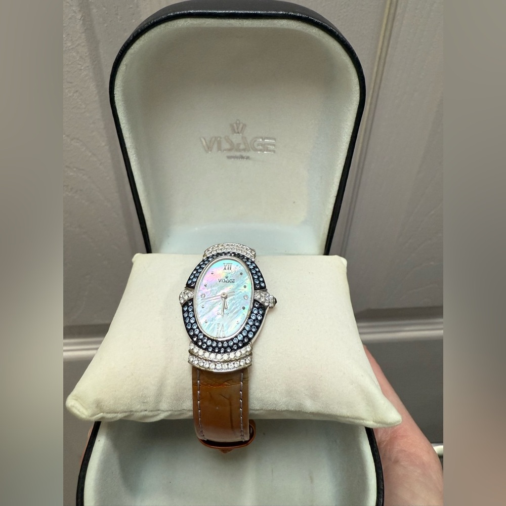 VISAGE Women’s Quartz 925 Silver Watch w crystal-encrusted bezel Brand New READ